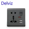 Delviz USB Charging Socket, 2.1A Dual USB Port, AC 110-250V, 13A Wall-mounted Multi-functional USB Power Universal 5 Hole Outlet