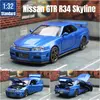 1/32 Nissan Skyline GTR R34 JDM Toy Car Model Diecast Vehicle Miniature Sound & Light Pull Back Collection Gift Children Boy