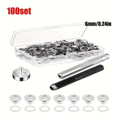 Grommet Tool Kit 100 Sets Grommets Eyelets 6mm 10mm 12mm 14mm Inside Diameter Silver for Clothes Shoes Bag Leather Crafts DIY