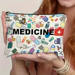 Medicine-Themed Cosmetic Travel Bag - Foldable Zippered Makeup Organizer, Gift for Healthcare Professionals, Cosmetic Bag