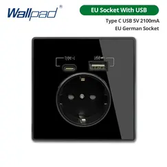 20W PD Type-C A Interface Outlet Acrylic Mirror Crystal Panel Black Wall EU Russia Spain French Socket With USB Charger Holder