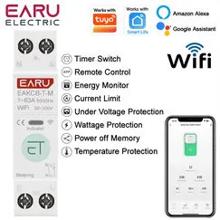 EARU Tuya WiFi Smart Circuit Breaker MCB Timer 63A Power Energy kWh Voltage Current Meter Protector Voice Remote Control Switch