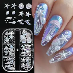 6Grids Pearlescent Shell Nail Charms Mini White Starfish, Shells, Pearl Design Ice-Clear Aurora Ocean Series Nail Rhinestones