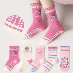 5-Pack Children's Dotted Floor Socks with Rainbow Unicorn Pattern and Lace Trim, Suitable for Boys and Girls, Baby Toddlers, Soft-Soled Indoor Non-Slip Polka Dot Lace Mid-Tube Socks, Ideal for Casual Daily Life