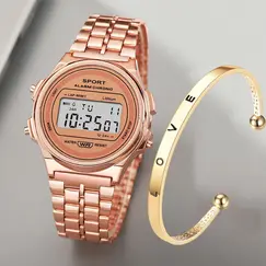 Women Casual LED Electronic Watch Retro Stainless Steel Strap Ladies LED Digital Watch Multifunction Sports Wristwatch Clock