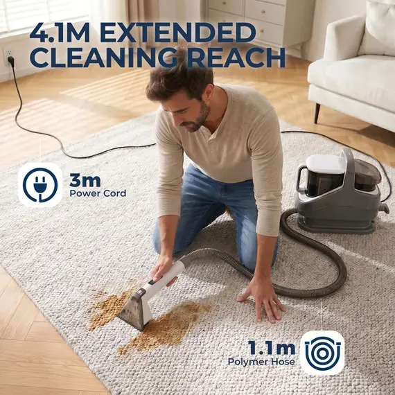 1300W Carpet Upholstery Cleaner 13kPa Suction 100°C Steam 40s Heat-Up 3M Cord 1.1M Hose 1400ML 1200ML Tanks Deep Stain Removal