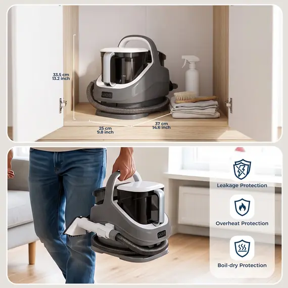 1300W Carpet Upholstery Cleaner 13kPa Suction 100°C Steam 40s Heat-Up 3M Cord 1.1M Hose 1400ML 1200ML Tanks Deep Stain Removal