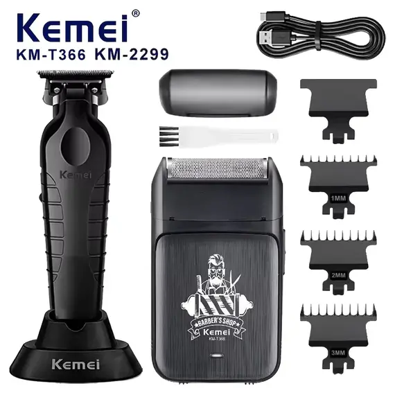 Kemei KM-2299 KM-T366 2 in 1 Professional Hair Clipper Set for Men Electric Oil Head Hair Trimmer Shear Carving Pusher Razor
