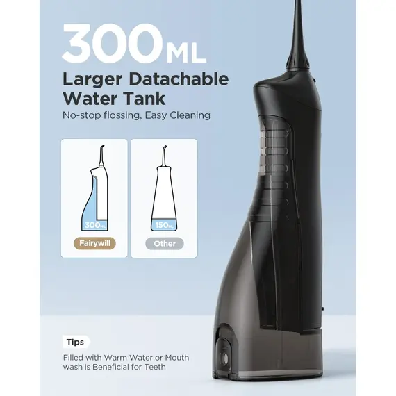 Fairywill Water Flossers Oral Irrigator Rechargeable Portable Dental 3 Modes Water Tank for Teeth 300ML Waterproof Teeth Cleaner