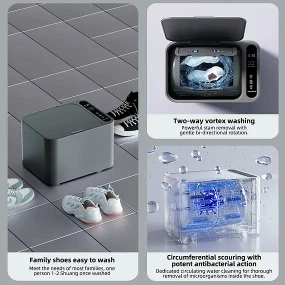Dual-Use Portable Shoe Washer Gray - 20/30/40 Min Modes, Drum Design, Non-Removable Shoelace, with Car to DC Line