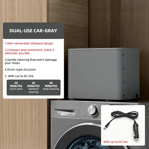 Dual-Use Portable Shoe Washer Gray - 20/30/40 Min Modes, Drum Design, Non-Removable Shoelace, with Car to DC Line