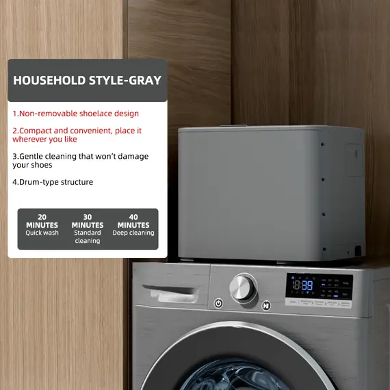 Dual-Use Portable Shoe Washer Gray - 20/30/40 Min Modes, Drum Design, Non-Removable Shoelace, with Car to DC Line