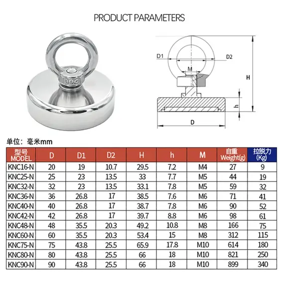 D16~D42mm Super Strong Neodymium Fishing Hook N52 Heavy Duty Rare Earth Neodymium with Countersunk Hole Eyebolt Salvage Magnetic