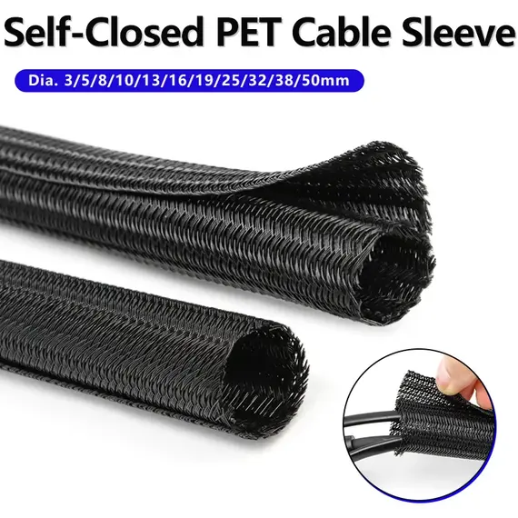 2/5M Black PET Expandable Self Closed Cable Sleeve Diameter 3mm ~ 50mm Split Insulated Heat Resist Split Line Protector Sleeve