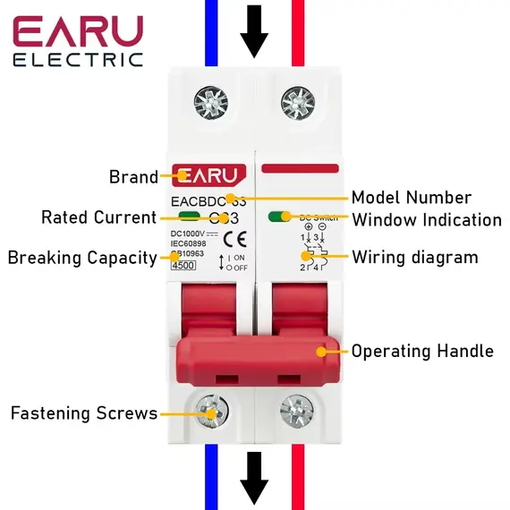 EARU 2P DC 1000V MCB Solar Mini Circuit Breaker Overload Protection Switch 6A 10A 16A 20A 25A 32A 40A 50A 63A Photovoltaic PV