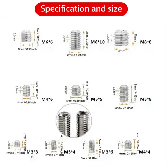 360-piece stainless steel headless hex socket screw set - M3/M4/M5/M6/M8 hex socket screws, num screws, machine screws