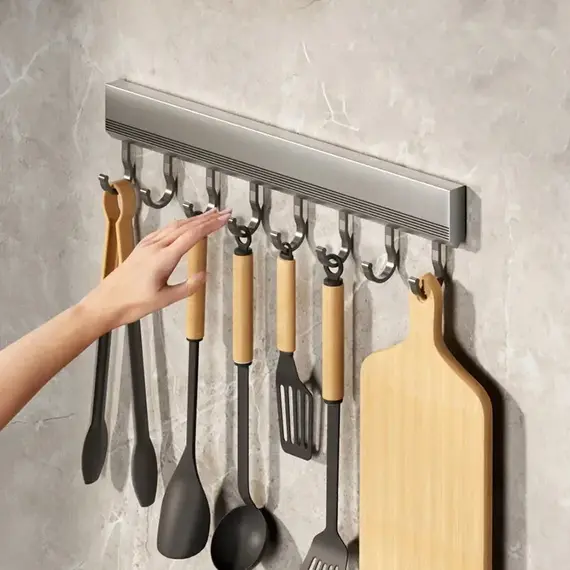 Kitchen Storage Rack Aluminum Alloy Hook Rack Wall Mounted Kitchen Utensil Storage Rack Bathroom Robe Towel Hanger