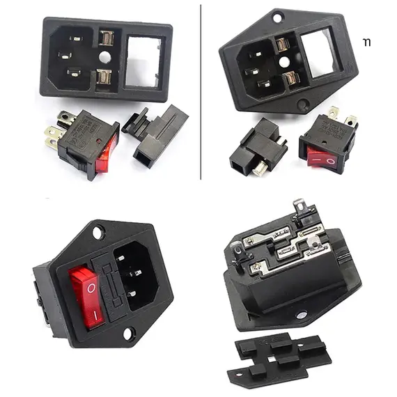 2 3 Pin IEC320 C14 Electrical Power Socket LED 250V Rocker Switch Brass 10A C6 Fuse Inlet Plug Connector Computer Mount Outlet