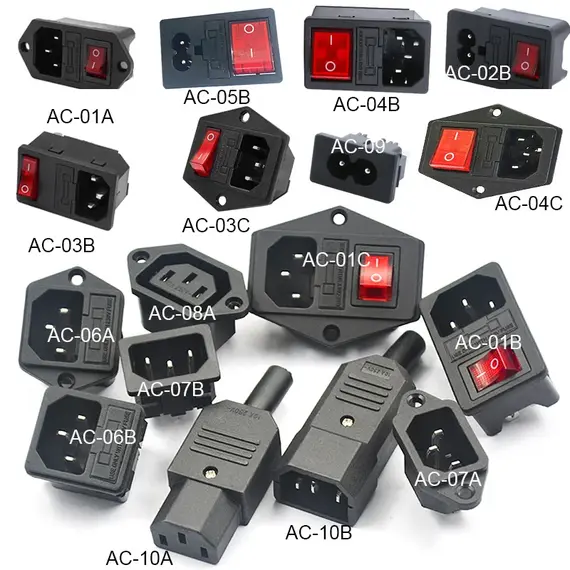 2 3 Pin IEC320 C14 Electrical Power Socket LED 250V Rocker Switch Brass 10A C6 Fuse Inlet Plug Connector Computer Mount Outlet