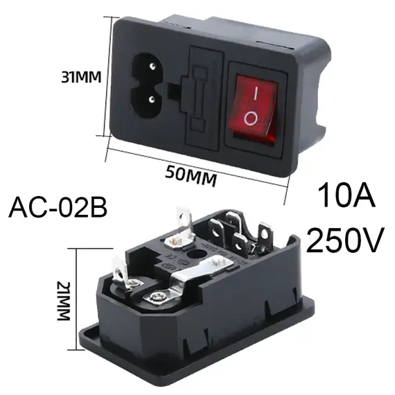 2 3 Pin IEC320 C14 Electrical Power Socket LED 250V Rocker Switch Brass 10A C6 Fuse Inlet Plug Connector Computer Mount Outlet