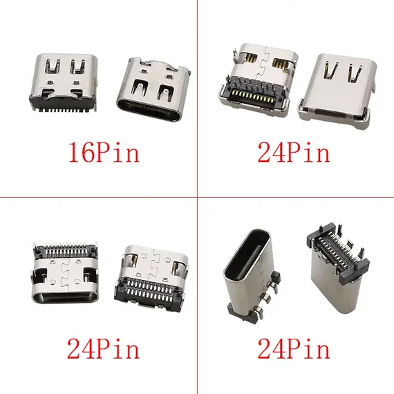 10Pcs USB Type C 2/6/16/24 Pin Connector Female Jack Charging Port SMD SMT PCB Solder DIY Repair USB-C Type-C Socket Connectors