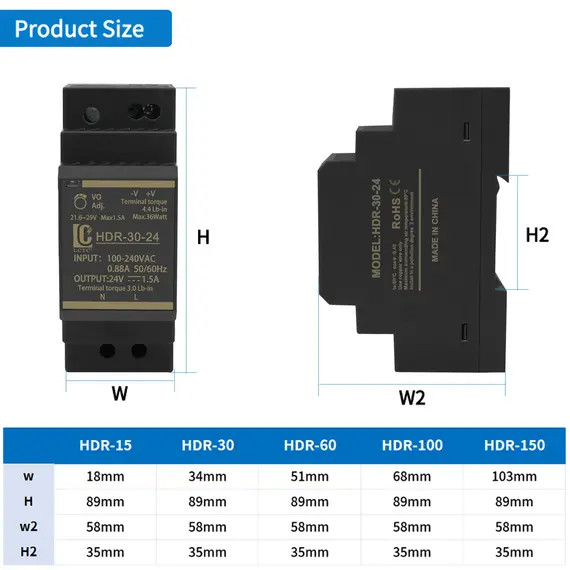 Switching Power Supply 5V/12V/24V/48V DIN Rail Power Supply AC to DC HDR-15/30/60/100/150W LED DC Switching Power Supply