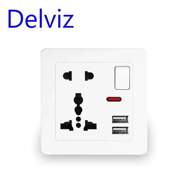 Delviz USB Charging Socket, 2.1A Dual USB Port, AC 110-250V, 13A Wall-mounted Multi-functional USB Power Universal 5 Hole Outlet