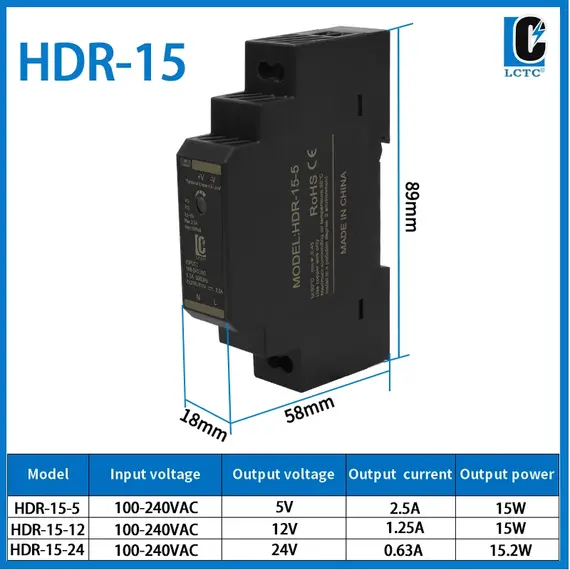 Switching Power Supply 5V/12V/24V/48V DIN Rail Power Supply AC to DC HDR-15/30/60/100/150W LED DC Switching Power Supply