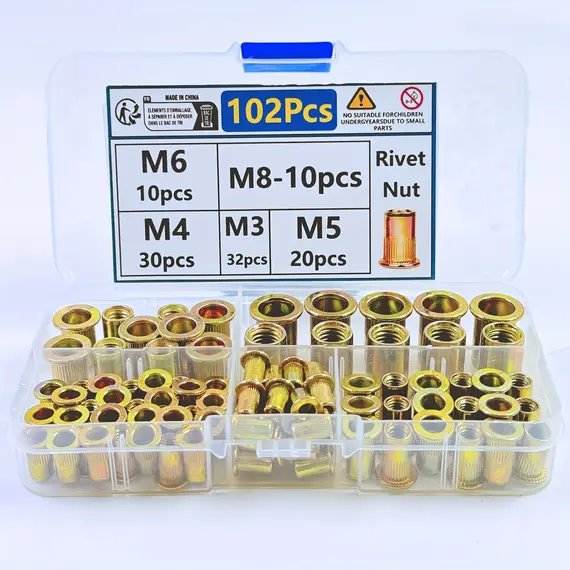 102Pcs Rivet Nuts Kit M3 M4 M5 M6 M8 Zinc Plated Carbon Steel Blind Rivet Nut Assortment for Sheet Metal Automotive Repair