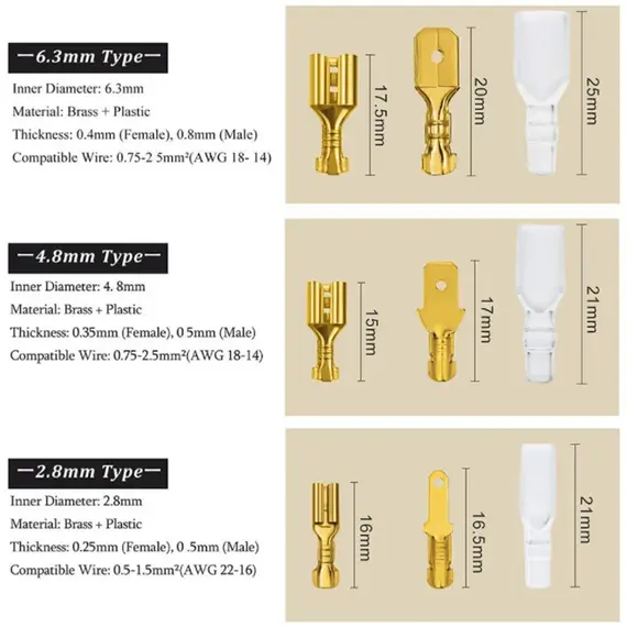 120pcs Box-Packed,Gold/Silver Crimp Terminal,Female 2.8/4.8/6.3mm No Male,Wire Connector,Electrical Terminals