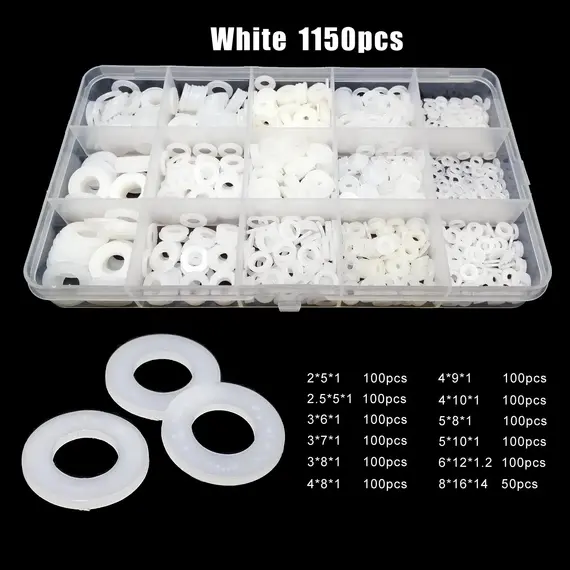 1150/700/500pc Boxed Plastic Nylon Flat Washer Plain Spacer Insulation Gasket Ring Assortment Kit Set M2 M2.5 M3 M4 M5 M6 M8 M10