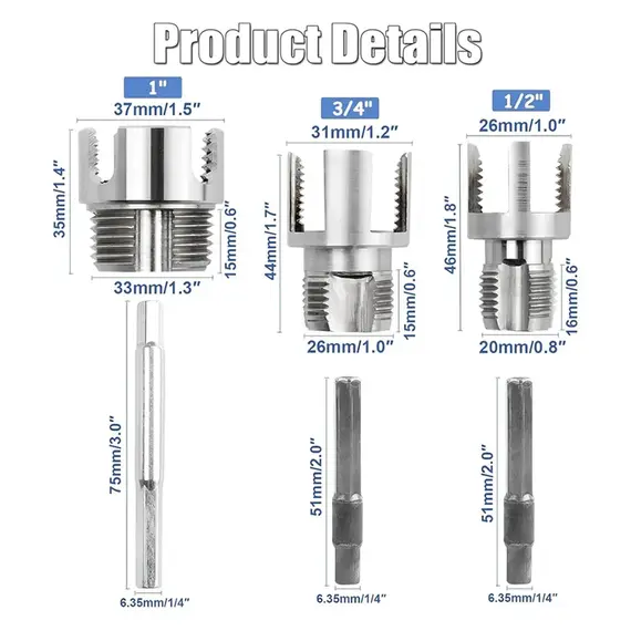 1/3PCS Internal and External Pipe Threading Tool Set, 1/2inch, 3/4inch, 1inch PVC Pipe Threading Kit