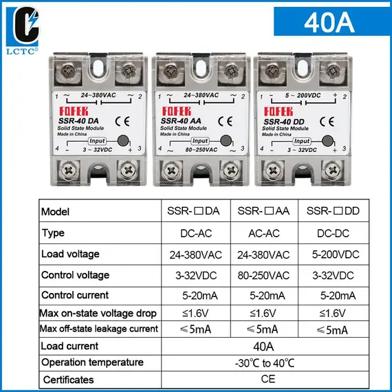 LCTC 1pcs Solid State Relay Single Phase Non-contact SSR DC To DC AC To AC DC To AC 24-380VAC 10A 25A 40A 50A 60A 80A 100A