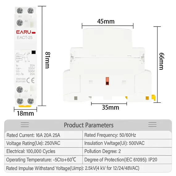 EARU Din Rail Mounted Household Modular AC Contactor 2P 16A 20A 25A 2NO 2NC 1NO 1NC AC220V AC230V 50/60Hz for Smart Home Hotel