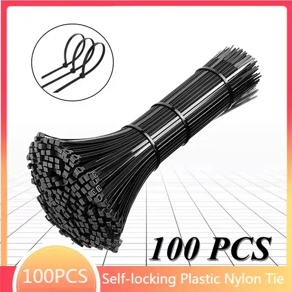 100pcs Self-locking Plastic Nylon Tie Black Fastening Strap Cable-Tie-Set Cable Zip Tie Fastening Ring Zip Wraps Strap Tie Wandu