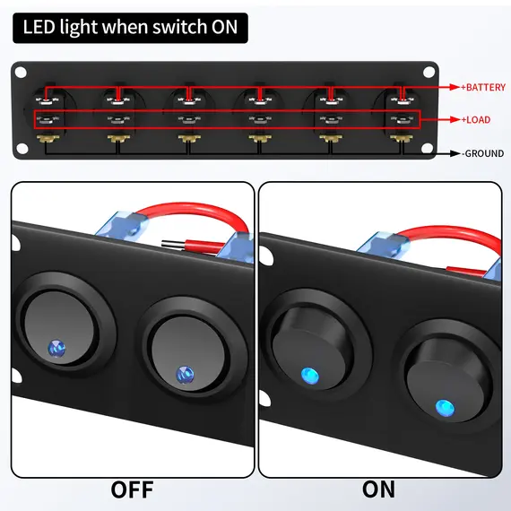 DaierTek 6 Gang Switch Panel 12V Rocker LED Switch Panel 3 Pin 12 VDC 20A SPST On-Off Switch for Marine Boat Car Jeep UTV Truck