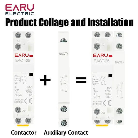 EARU Din Rail Mounted Household Modular AC Contactor 2P 16A 20A 25A 2NO 2NC 1NO 1NC AC220V AC230V 50/60Hz for Smart Home Hotel