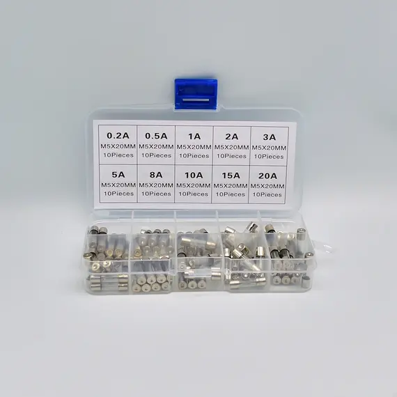 100pcs 5x20mm Quick Blow Glass Tube Fuse Assorted Kit Amp 0.2A 0.5A 1A 2A 3A 5A 8A 10A 15A 20A 250V with Storage Box