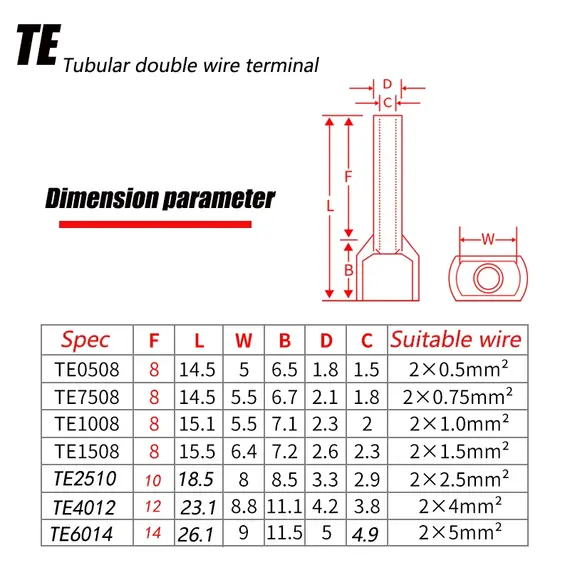 130/380/600 PCS TE Double Wire Tube Type Pre-Insulated Terminal European Pin Type Cold Pressed Terminal Pin Type Copper Tube End