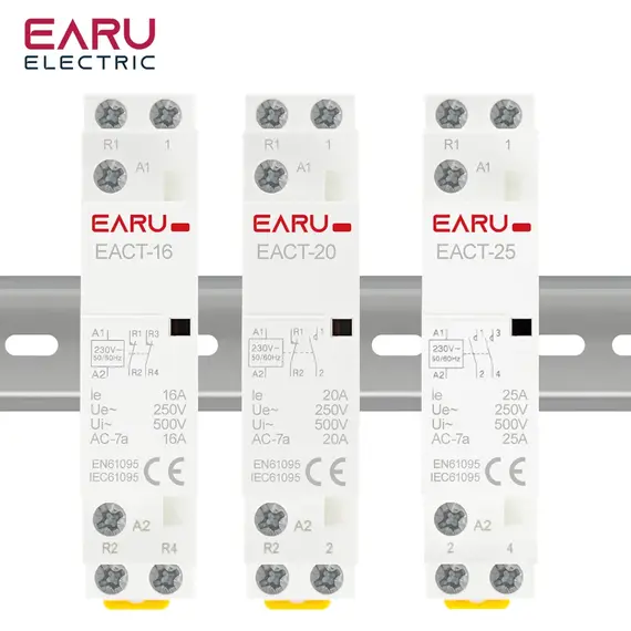 EARU Din Rail Mounted Household Modular AC Contactor 2P 16A 20A 25A 2NO 2NC 1NO 1NC AC220V AC230V 50/60Hz for Smart Home Hotel