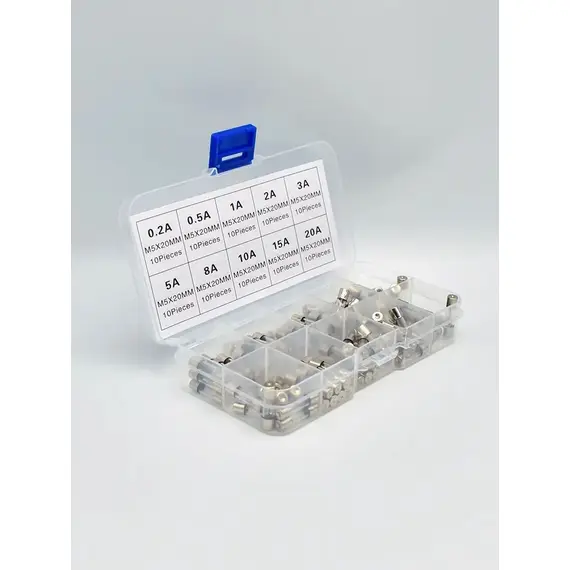 100pcs 5x20mm Quick Blow Glass Tube Fuse Assorted Kit Amp 0.2A 0.5A 1A 2A 3A 5A 8A 10A 15A 20A 250V with Storage Box