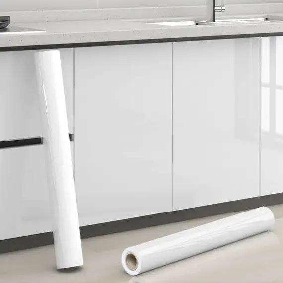 Glossy White Self-Adhesive Wallpaper Waterproof Oil-Proof PVC Cabinet Sticker Furniture Renovation Film for Kitchen