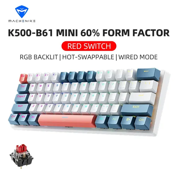 K500-B61 Machenike Mini Mechanical Keybaord 60% Form Factor 61Keys Gaming Keybaord Wired Full Key Hot-Swappable RGB Backlit