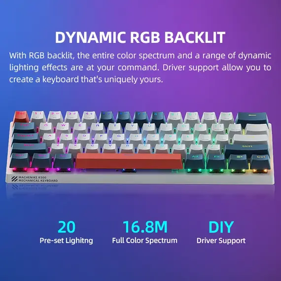 K500-B61 Machenike Mini Mechanical Keybaord 60% Form Factor 61Keys Gaming Keybaord Wired Full Key Hot-Swappable RGB Backlit
