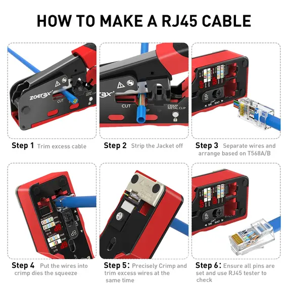 ZoeRax RJ45 CAT7 CAT6A Crimping Tool for Cat7/6a/6/5e Network Connector Wire Cutter Wire Stripper Ethernet Crimper with Blades