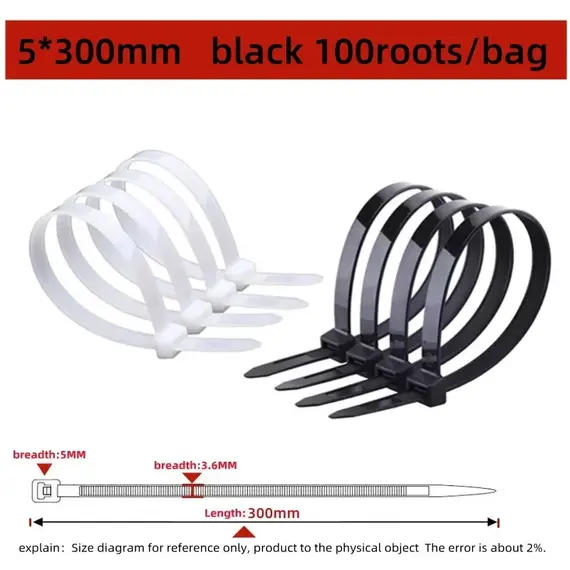 Self-locking plastic nylon tie 100 PCS black 5x300cable tie fastening ring4x200 cable tie zip wraps strap nylon cable tie set