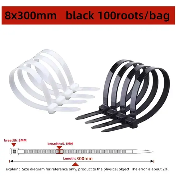 Self-locking plastic nylon tie 100 PCS black 5x300cable tie fastening ring4x200 cable tie zip wraps strap nylon cable tie set