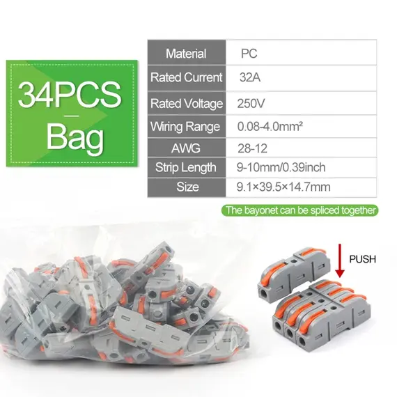 34/50pcs Lever Wire Connector For Quick Connection 28-12 AWG 1-to-1 In-line Wire Connector Compact Splice Insulated Terminal