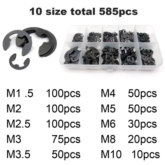 585/1005pcs E Clip Snap Circlip Washer Assortment Kit Box M1.2-M15 Black 65 Mn 304 Stainless Steel External Retaining Ring Set