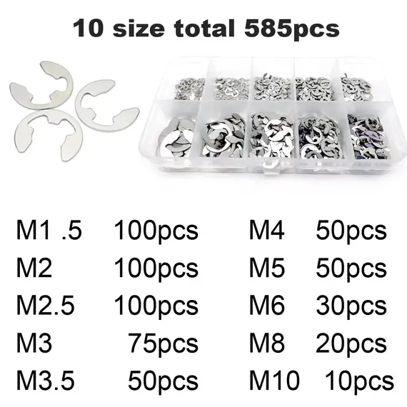 585/1005pcs E Clip Snap Circlip Washer Assortment Kit Box M1.2-M15 Black 65 Mn 304 Stainless Steel External Retaining Ring Set